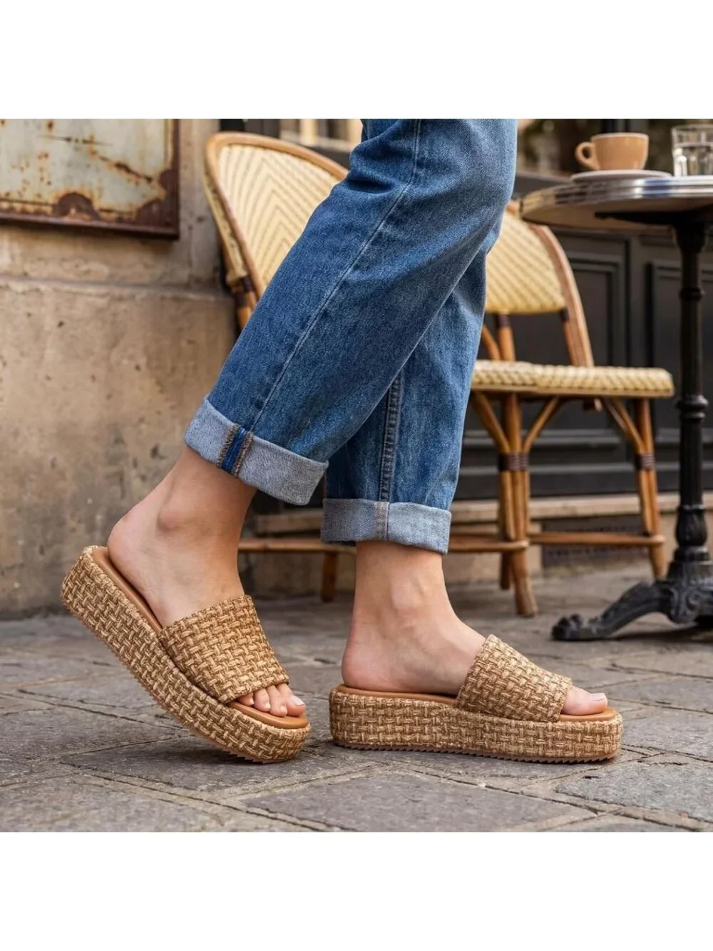 Women's Coffee Rubber Woven Straw Beach Slip On Comfortable Casual Platform